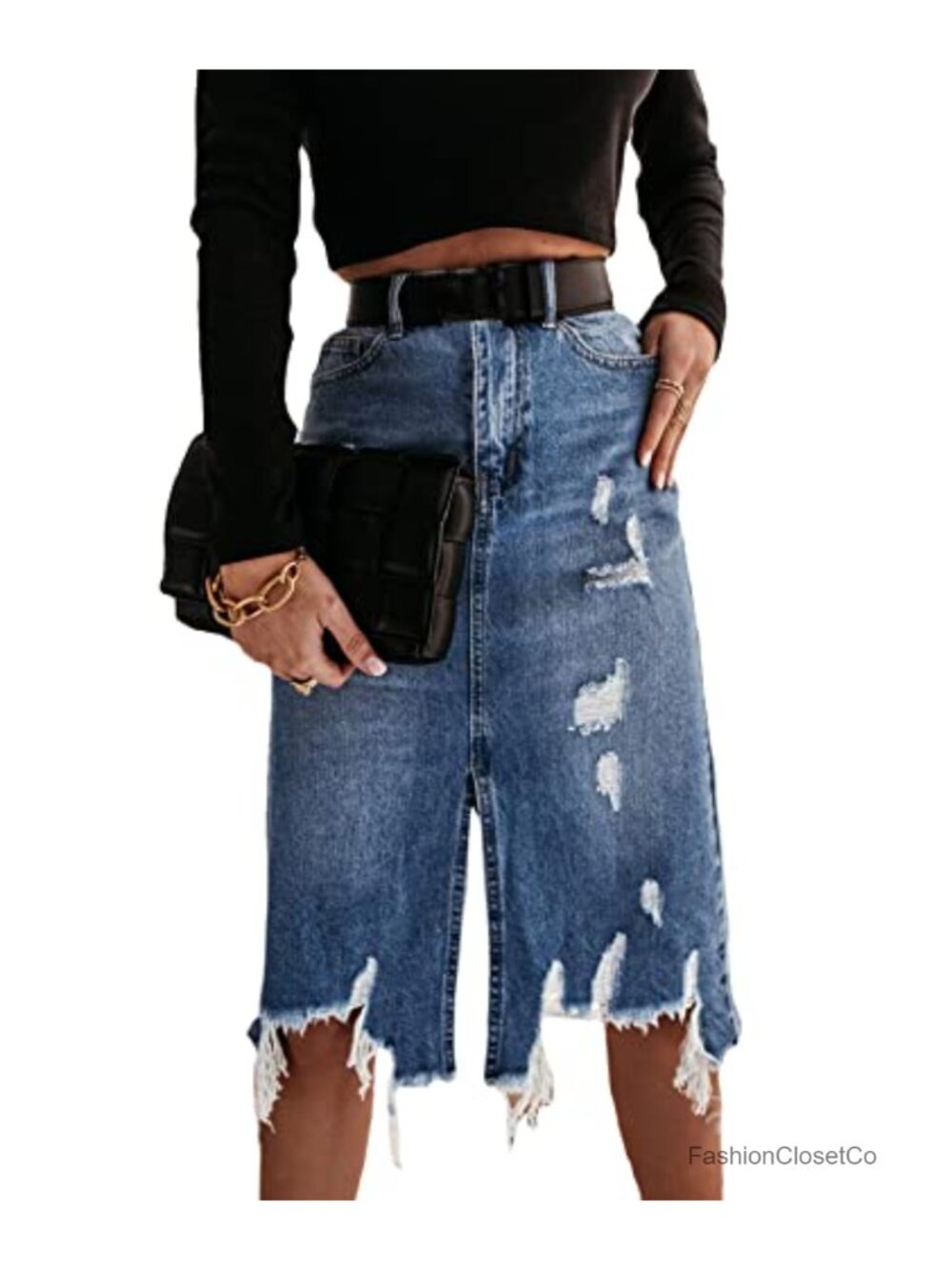 Women's Ripped Distressed Denim Skirt Frayed Raw Hem Knee Length Bodycon Jean